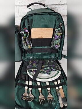Vintage Picnic Time Deluxe Picnic Backpack Set for 2 with Blanket Wine Kit